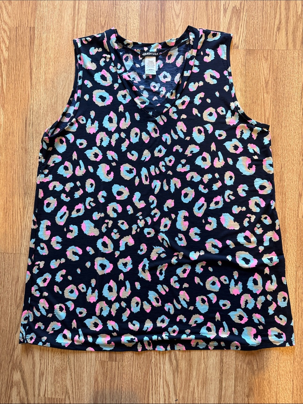 HEIMISH USA Black V-Neck Tank with Pastel Leopard Print - NWOT